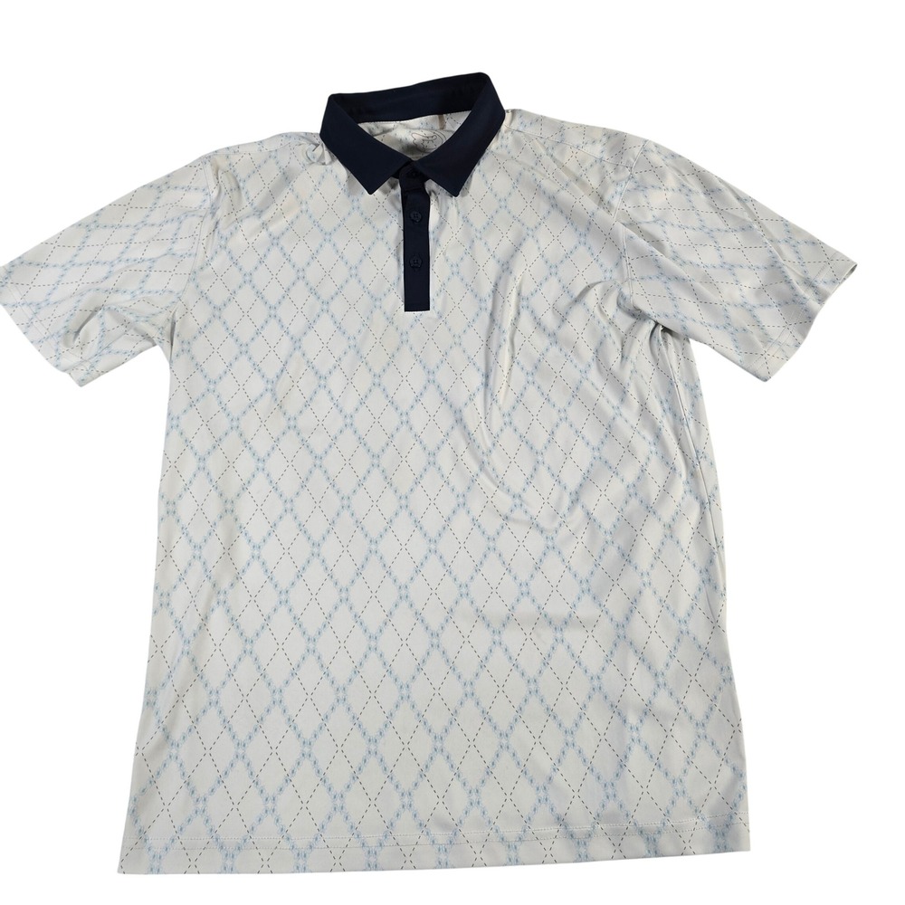 SWANNIES Golf Polo Shirt Men's Medium White Blue Argyle Short Sleeve Performance